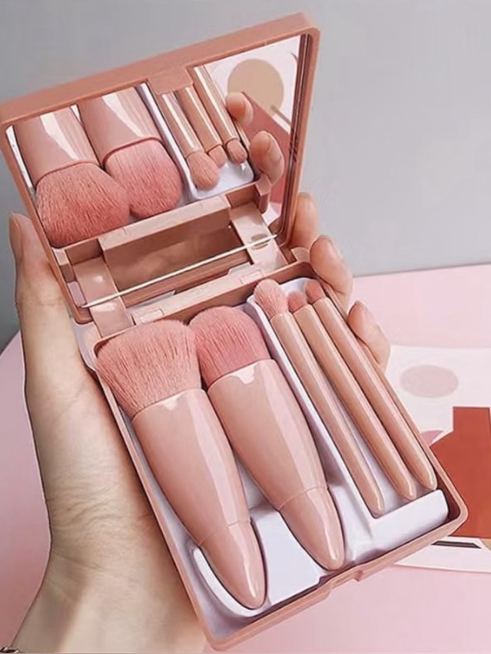 NWT No Label Mauve 5pc Makeup Brush Set with Mirror